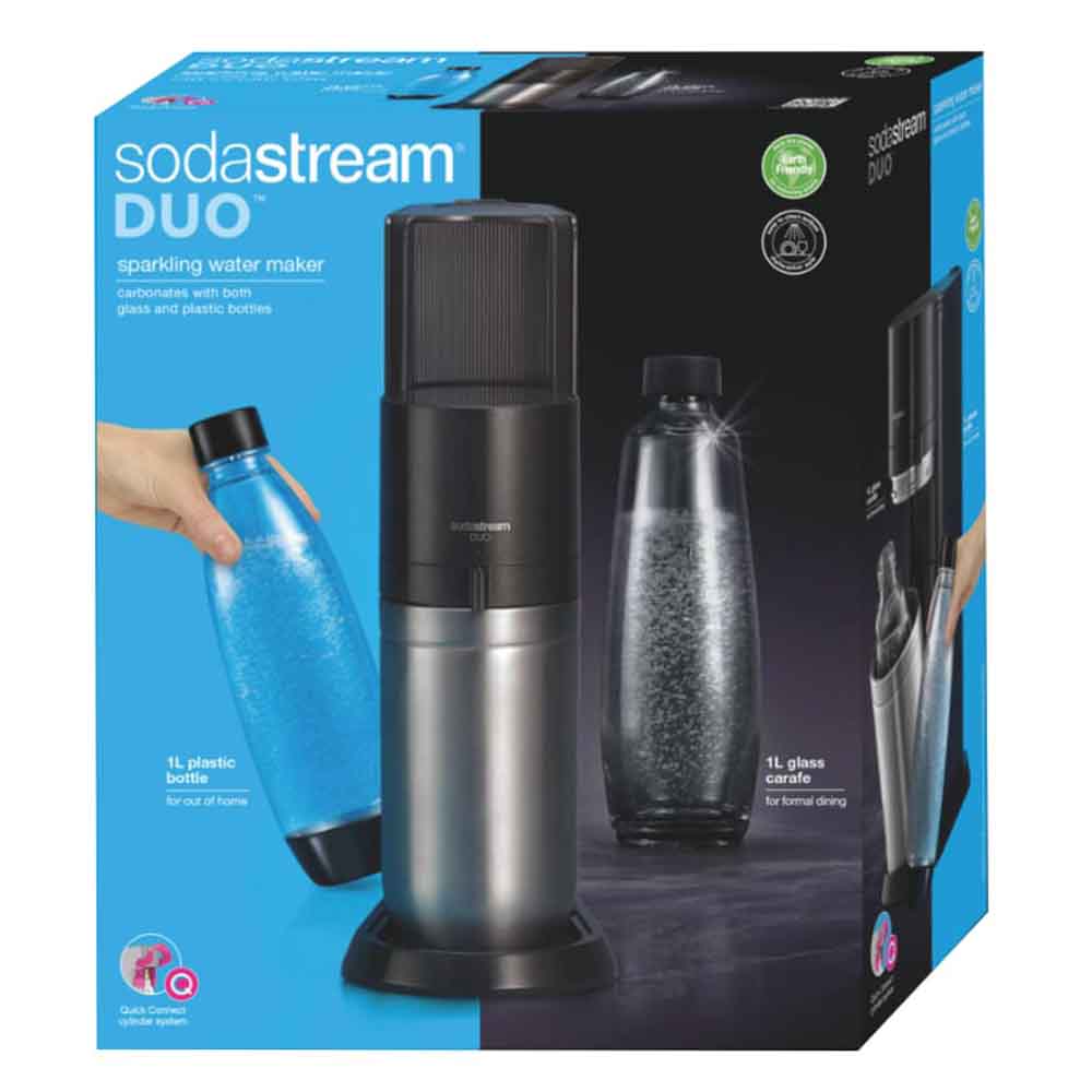 Sodastream Gasatore d'Acqua Duo Black Megapack con Nuovi Cilindro Quick  Connect, Vetro da 1L e 2 Bottiglie Fuse Lavabili in lava - Buonitaly