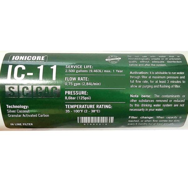 Etichetta Ionicore Ic 11scgac Filtro In Linea Carbone Attivo